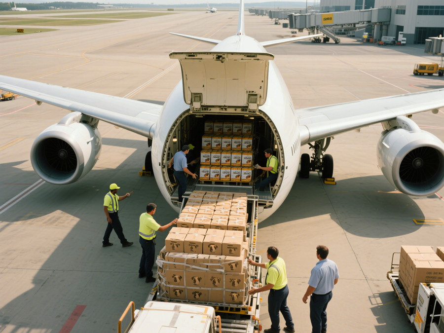 工作人員正在將狗糧從飛機上卸載下來