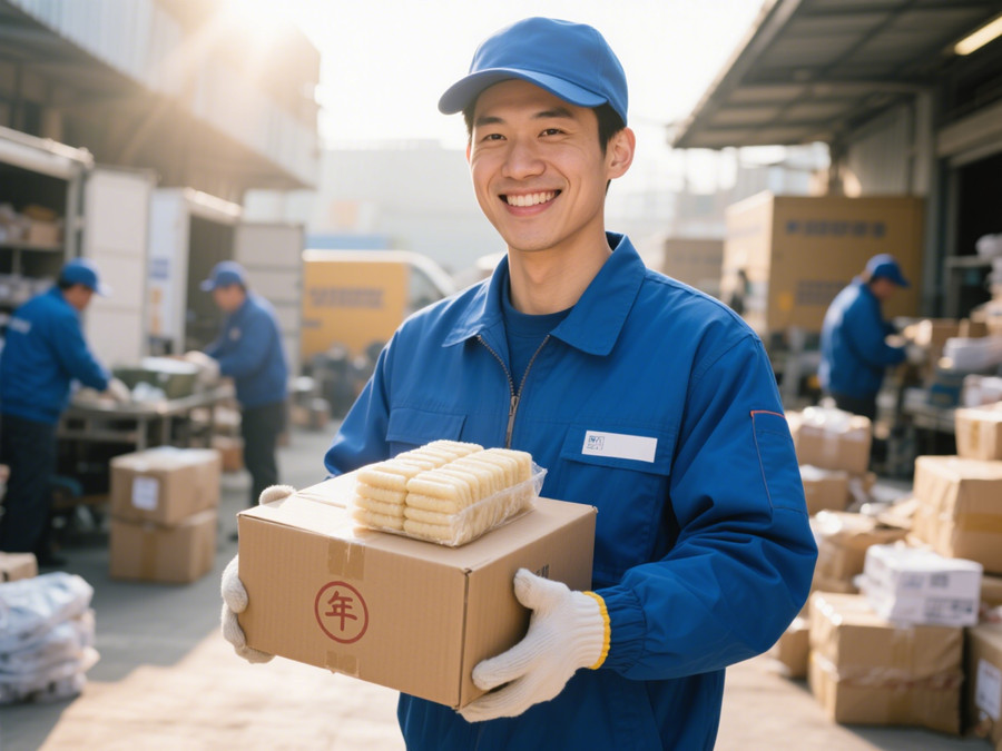 快遞人員正在派送年糕的包裹