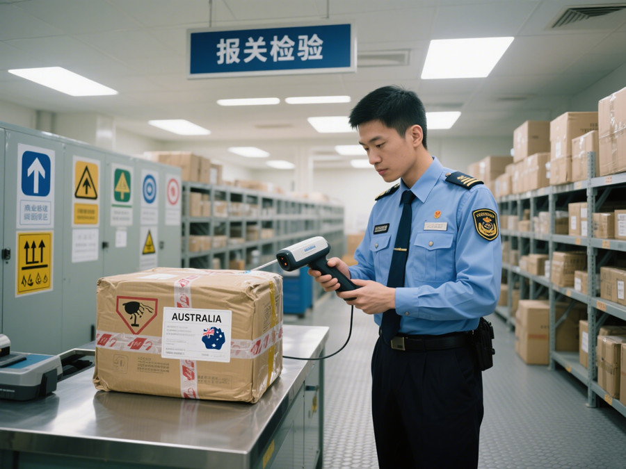 國內海關人員正在對郵寄到澳洲的包裹進行檢驗